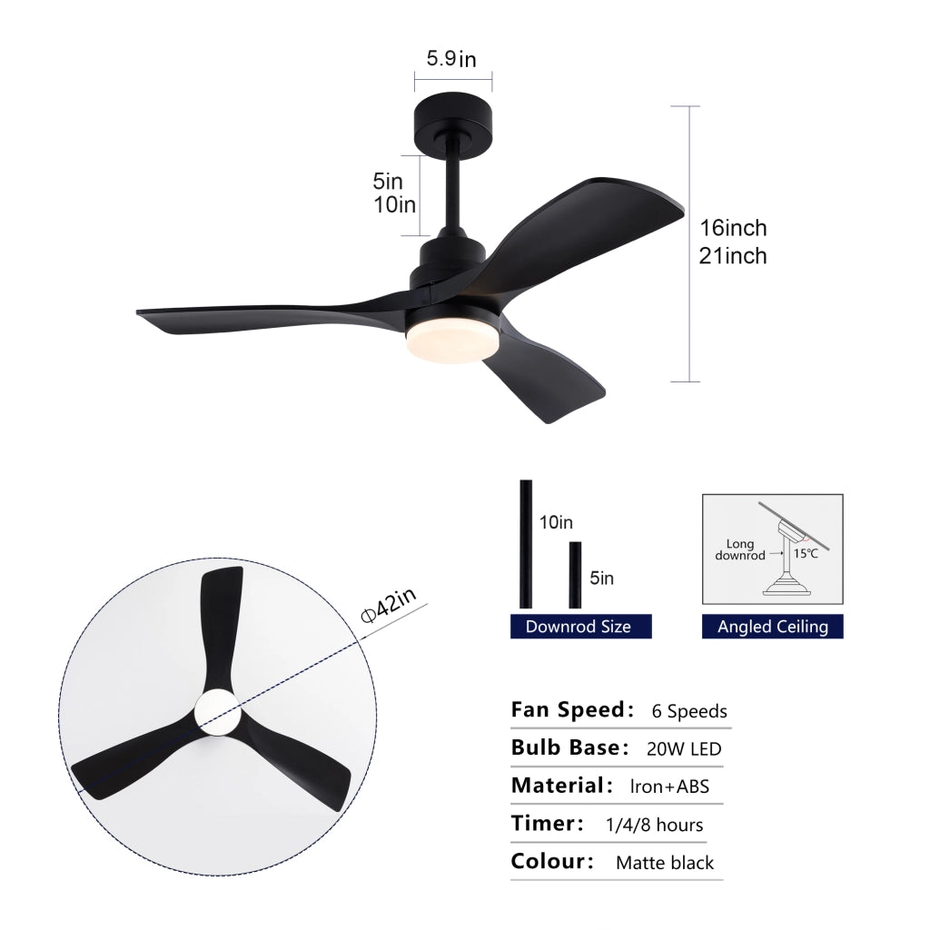 Ventilatore da soffitto 42 pollici con luce LED; telecomando e 3 pale ABS nere