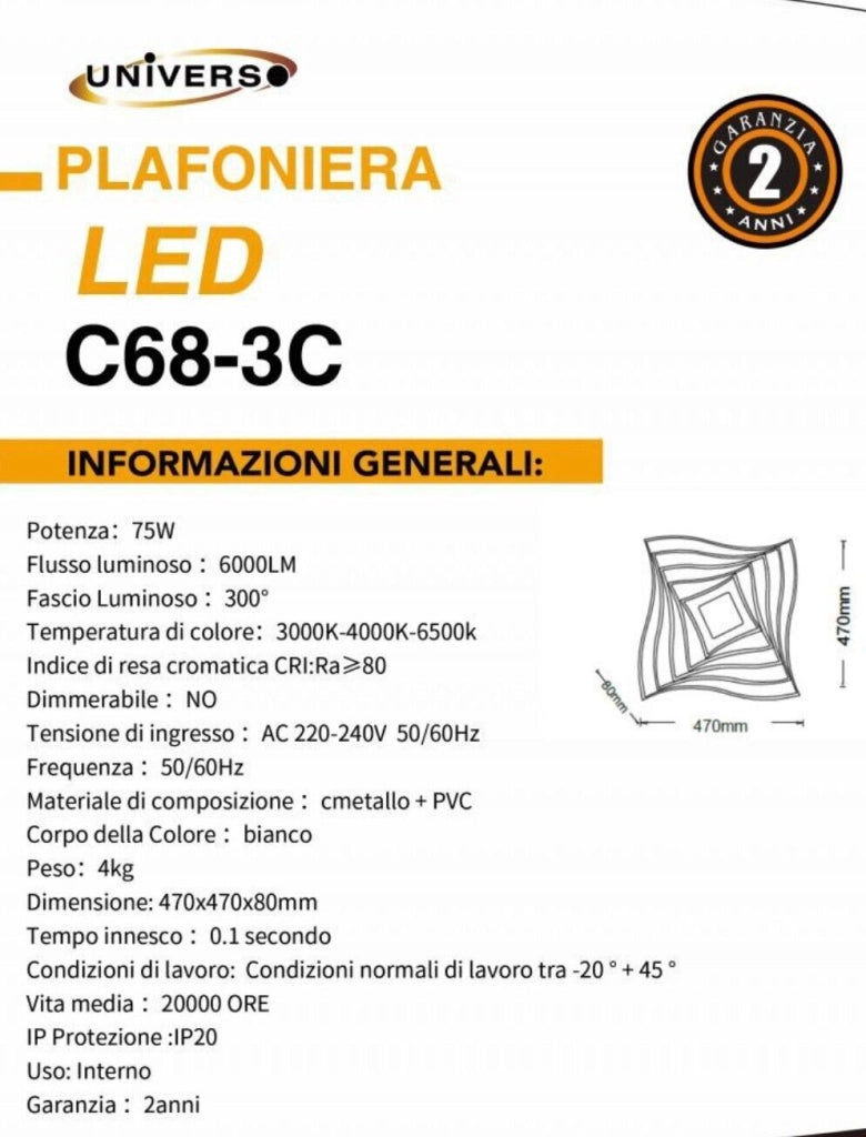 Lampadario Plafoniera Illuminazione quadrata Led Moderno 75W Luce Per Soffitto dimmerabile con telecomando