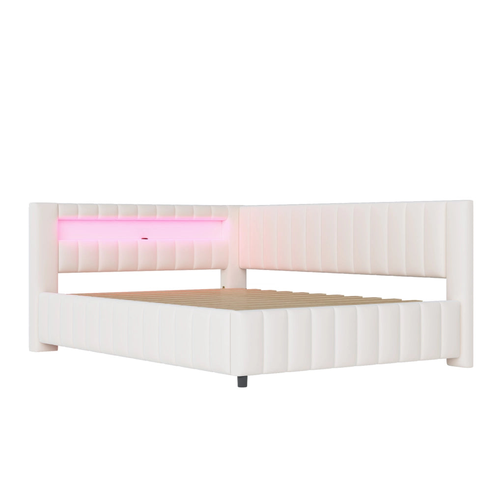 Divano Letto Imbottito in Velluto 140x200 cm con LED e Porta USB, Design a L, Beige