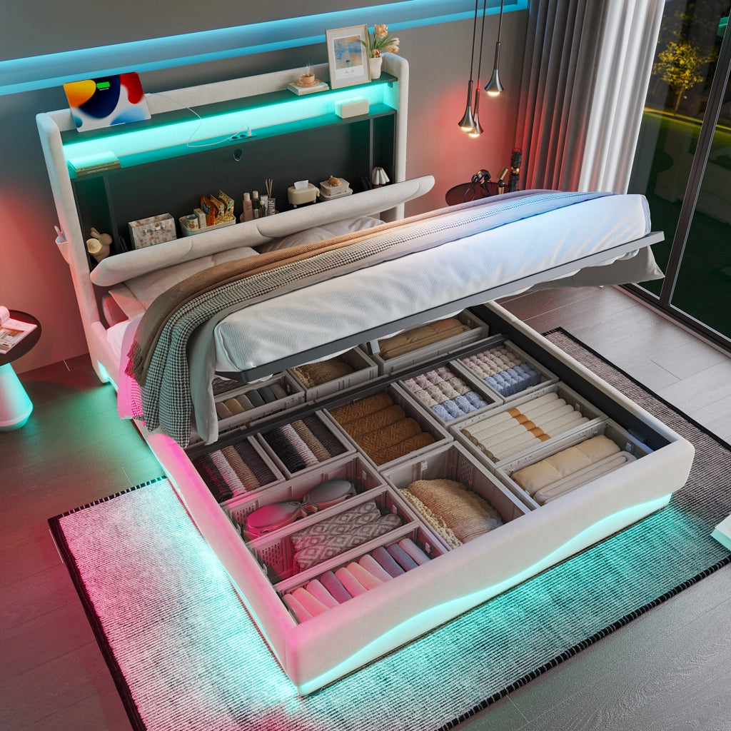 Letto matrimoniale imbottito 140 × 200 cm con contenitore velluto beige LED USB e Type-C testiera con ripiani