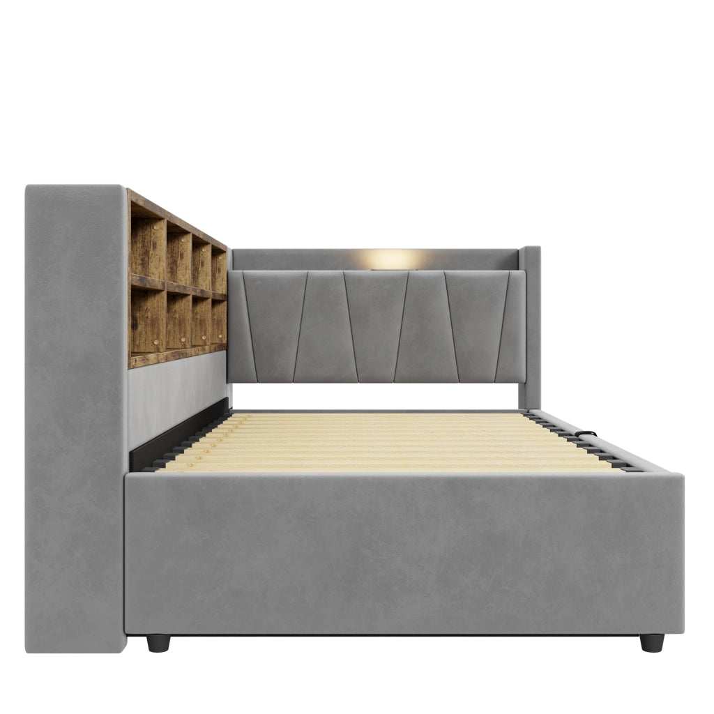 Letto divano singolo 90 × 200 cm con contenitore idraulico; luce notturna; USB e Type-C; senza materasso; grigio chiaro