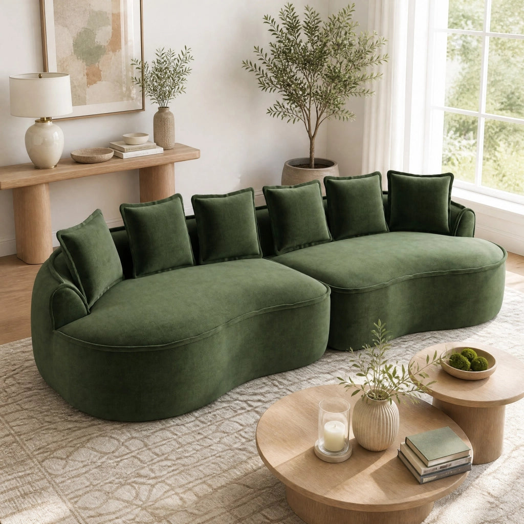 Divano modulare 4 posti ULEVR senza telaio con chaise longue profonda, braccioli larghi e cuscini, verde