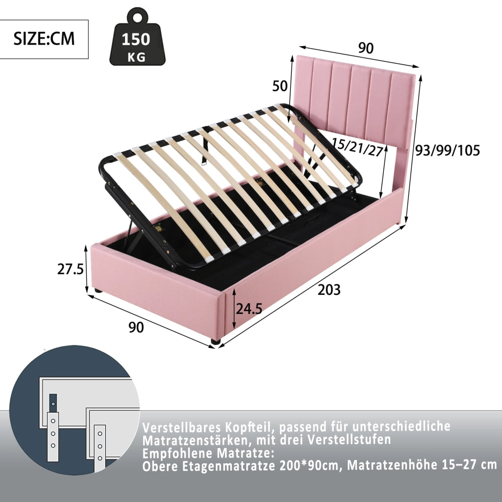 Letto imbottito 90x200 cm rosa, struttura in MDF e metallo, con contenitore idraulico, senza materasso