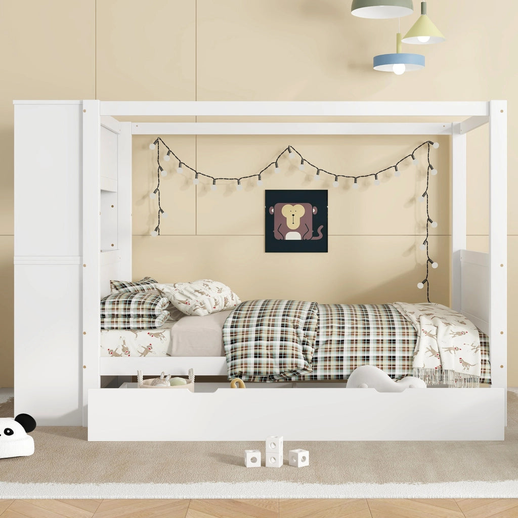 Letto singolo 90 × 200 cm con 5 cassetti e cassetto estraibile in legno bianco con sponde e barra superiore