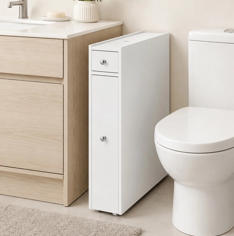 Mobiletto bagno bianco stretto con 2 cassetti e vano aperto, 16x48x58 cm