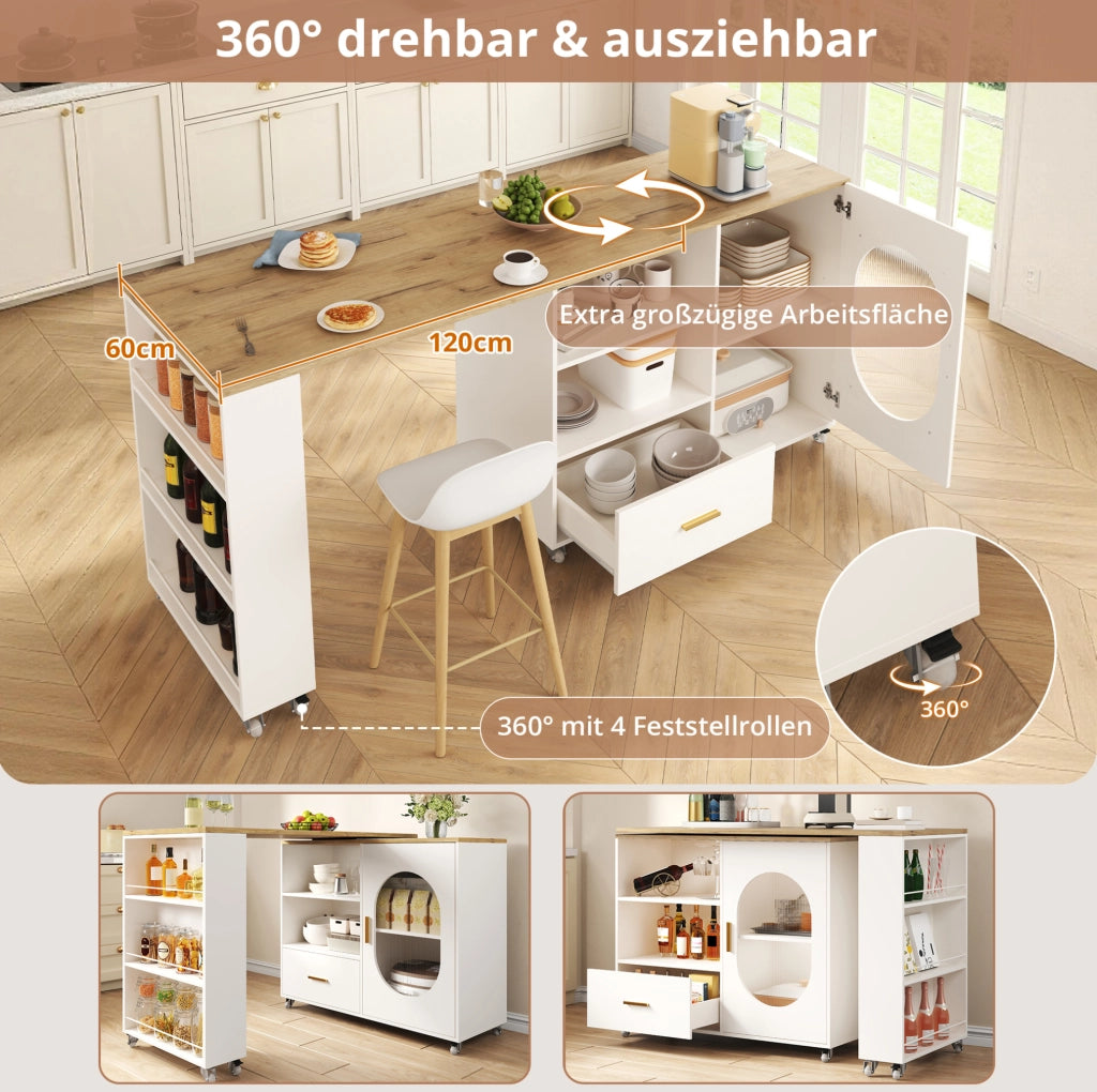Isola cucina mobile con piano girevole 360° 120-180x60x90 cm; MDF naturale e bianco