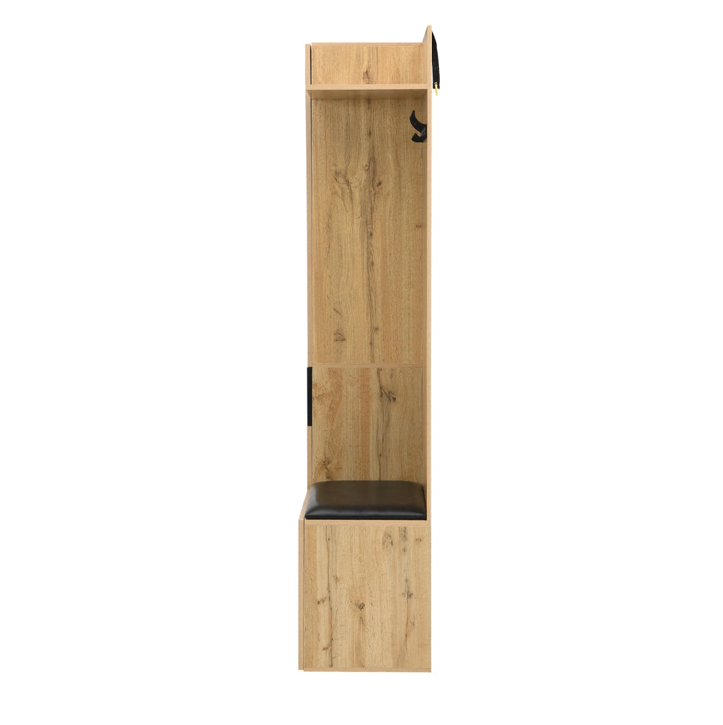 Set ingresso con appendiabiti a 5 ganci, specchio, armadietto porta scarpe e panca, struttura in MDF, 98,5x38x191 cm, colore legno e nero