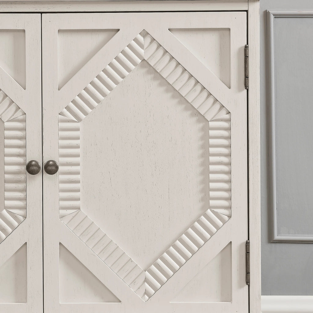 Mobiletto Retro in Legno 85,4 cm con Vetrine Simmetriche e Accenti Geometrici, Consolle Media per Soggiorno/Ingresso/Cucina, Bianco Antico