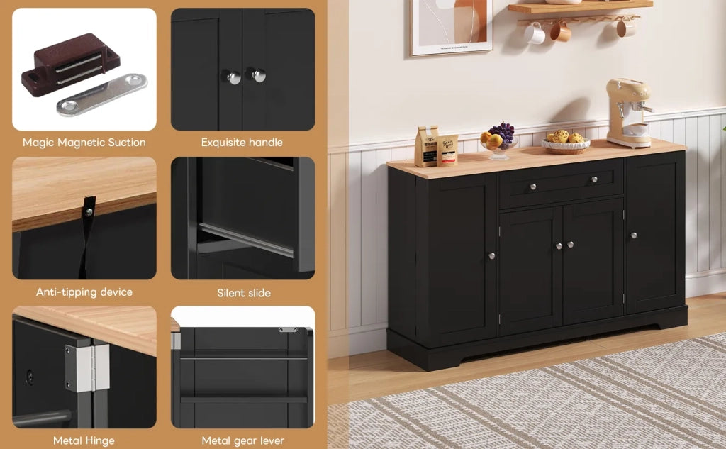 Credenza multifunzione 138 cm con cassetto, ante a scaffale e ripiani regolabili. Design moderno con protezione anti-ribaltamento per cucina, soggiorno e camera
