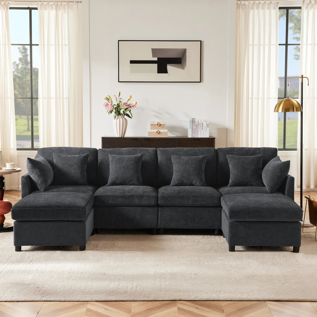 Divano modulare in ciniglia con seduta profonda 2 pouf e 6 cuscini per soggiorno moderno grigio 278 × 161 × 81 cm