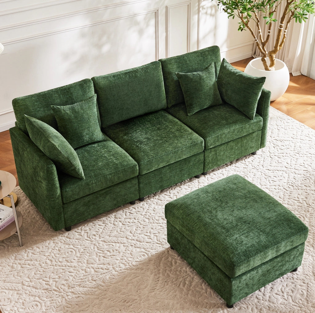 Divano modulare configurabile a L con pouf mobile; 3-4 posti; chenille verde; 216 x 161 x 81 cm