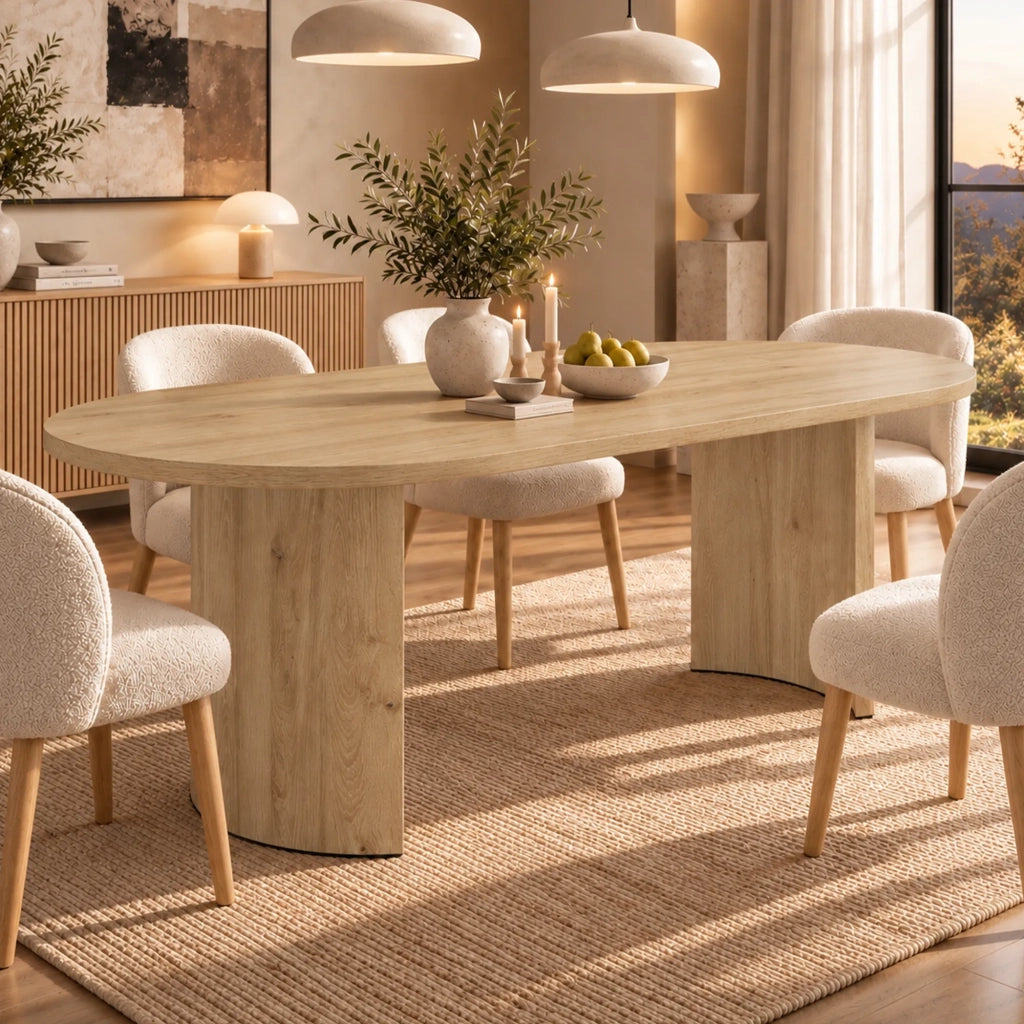 Tavolo da pranzo 200x90 cm per 6-8 persone, colore quercia, stile semplice con piano spesso, gambe curve e angoli arrotondati
