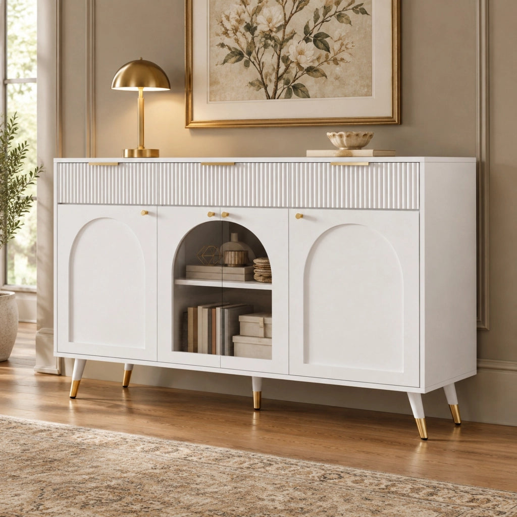 Credenza 140x40x85,5 cm bianca in MDF, 4 ante e 3 cassetti,