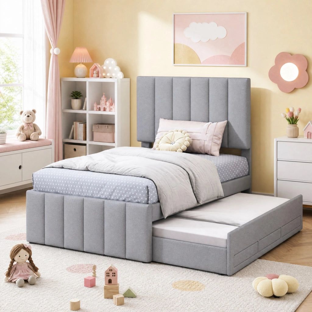 Letto imbottito singolo 90 ¡Á 200 cm con letto estraibile 3 cassetti testiera regolabile cotone e lino grigio