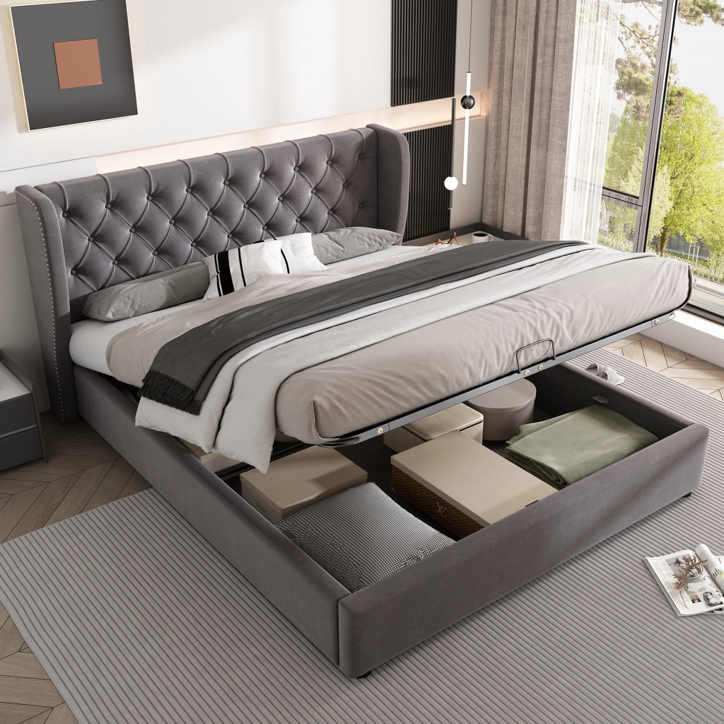 Letto matrimoniale 140x200 cm con contenitore idraulico e rete in velluto grigio