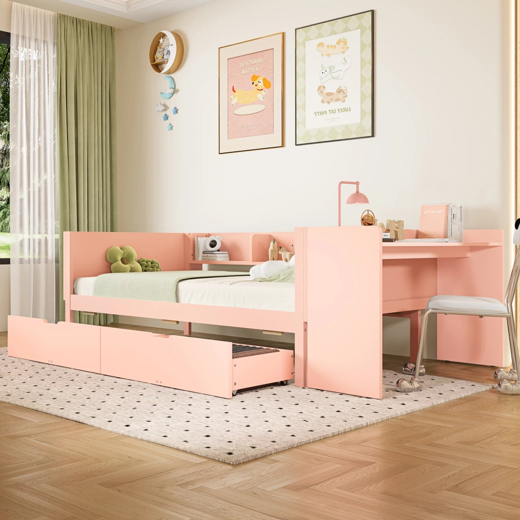 Letto Singolo con Scrivania e Cassetti ¨C MINIMAL ¨C Pino, Rosa, 90x200