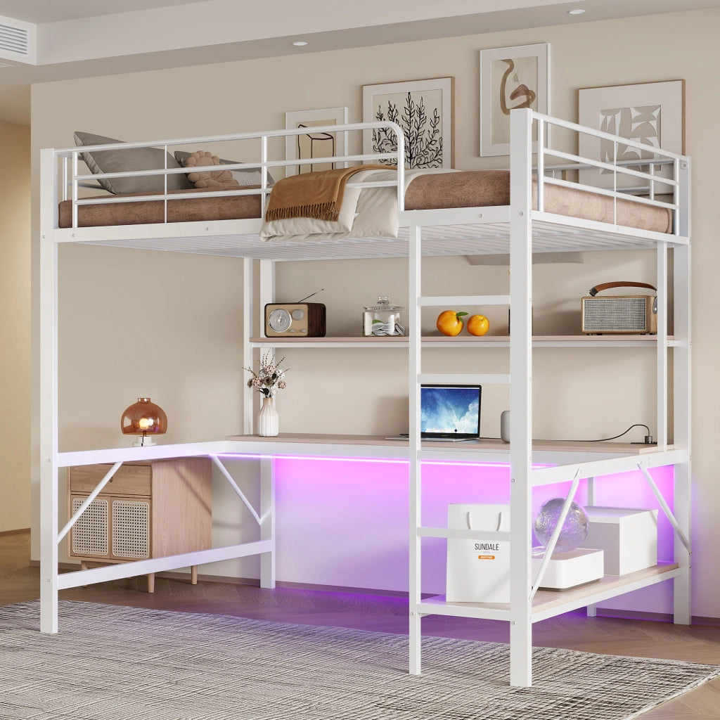 Letto a Soppalco 140x200 cm in metallo con Scrivania; LED; USB-C; Ripiani Bianco