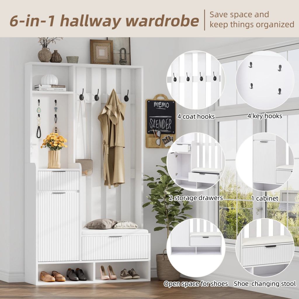 Set di mobili da ingresso con 8 ganci; panca con cuscino PU; 2 cassetti e vani aperti bianco 100 × 30 × 180 cm