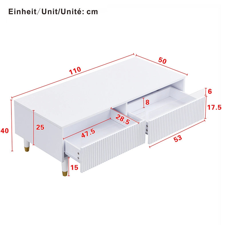 Set mobili moderno LED con mobile TV 4 ante e tavolino con 2 cassetti in MDF bianco con dettagli oro e illuminazione LED