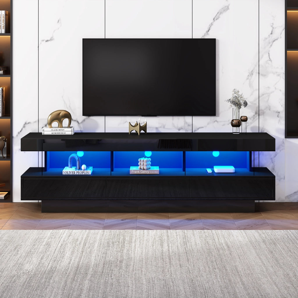 Mobile Porta TV Nero Lucido 160 cm con 3 Ripiani in Vetro e Luci LED App Control per TV fino a 70 Pollici