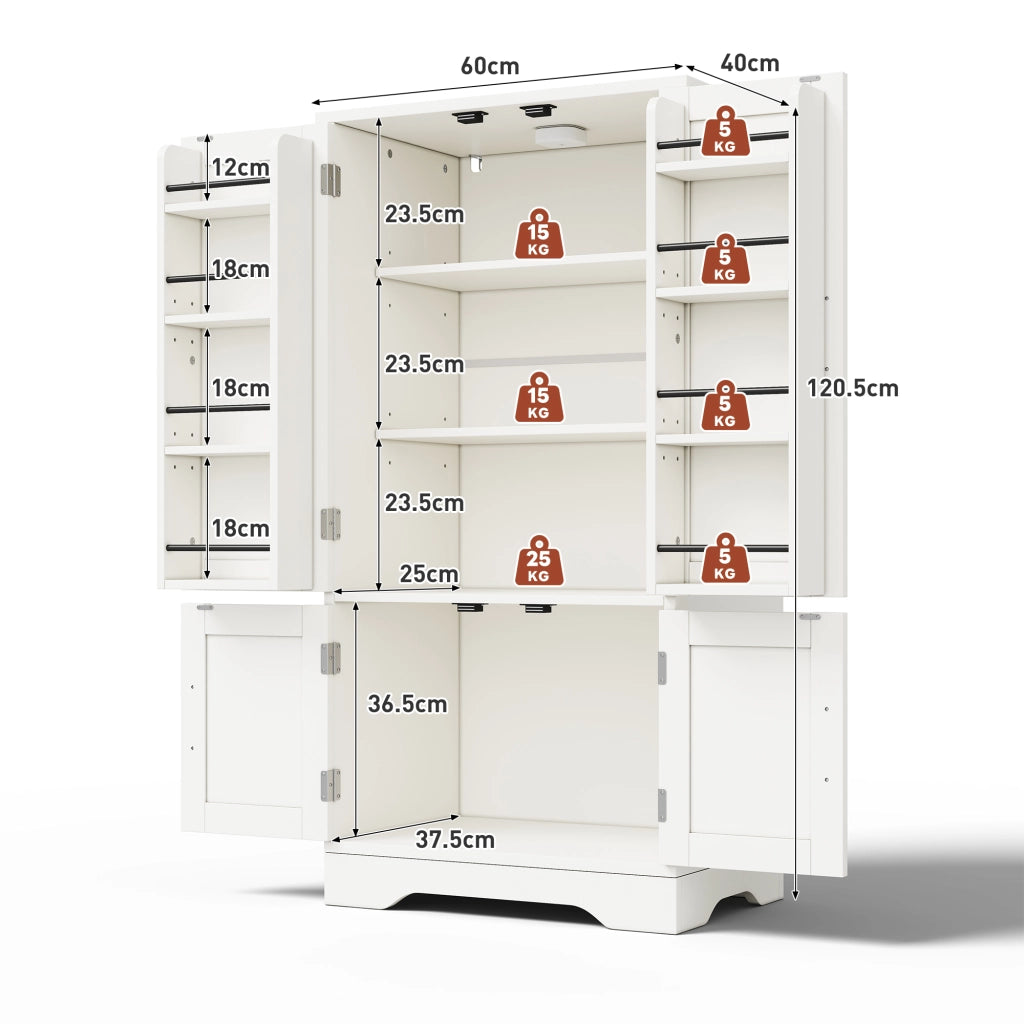 Mobile colonna da cucina con ripiani regolabili; luce LED con sensore e vano per apparecchi in MDF bianco 120 × 60 × 40 cm