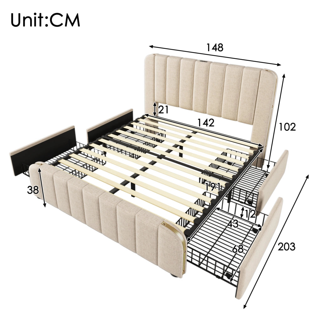 Letto imbottito 140x190 cm beige con 4 cassetti; USB e Type-C