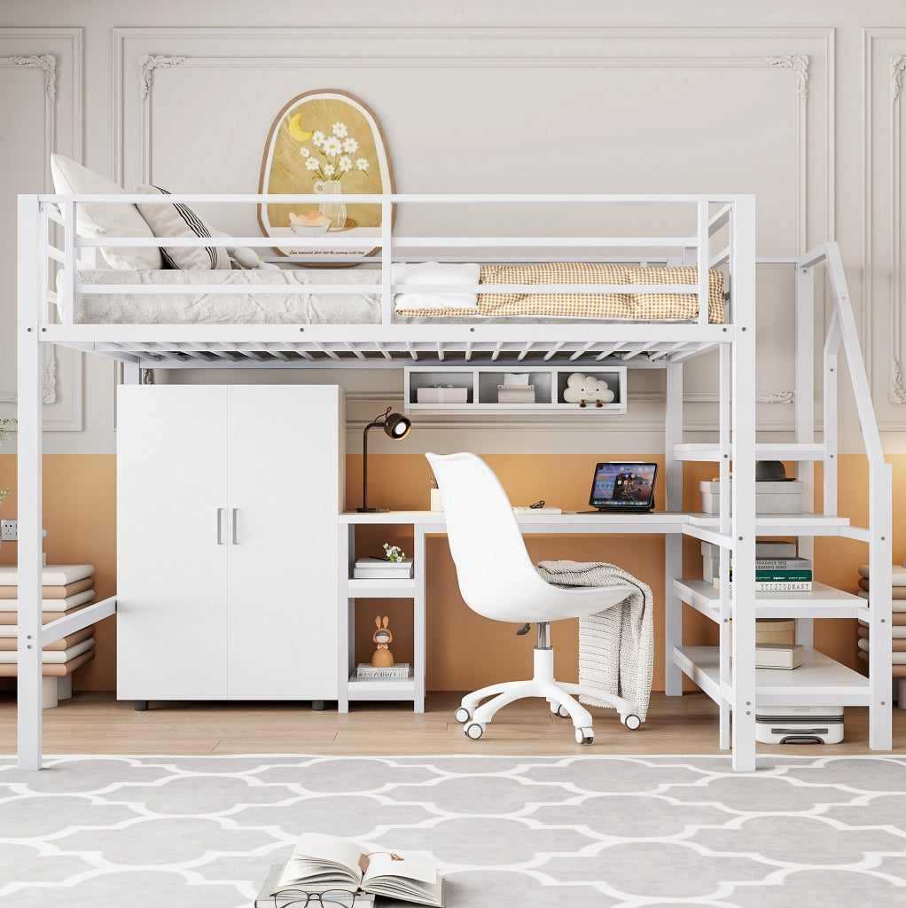 Letto a soppalco 140x200 cm con scrivania, armadio e scaffali in metallo e MDF bianco