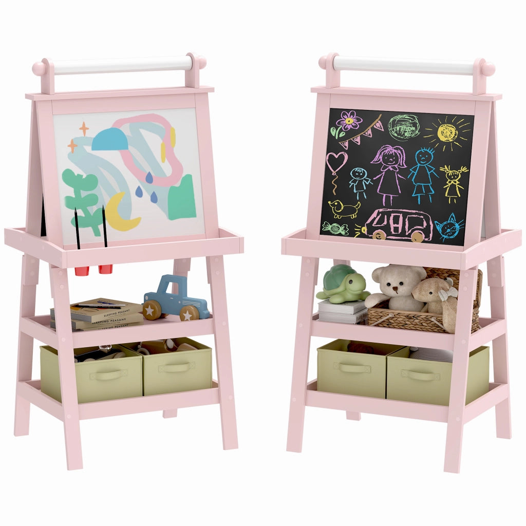 Lavagna per Bambini con Cavalletto 3 in 1 in Legno Rosa con Rotolo Carta e 2 Contenitori Multiuso 59x48x118 cm