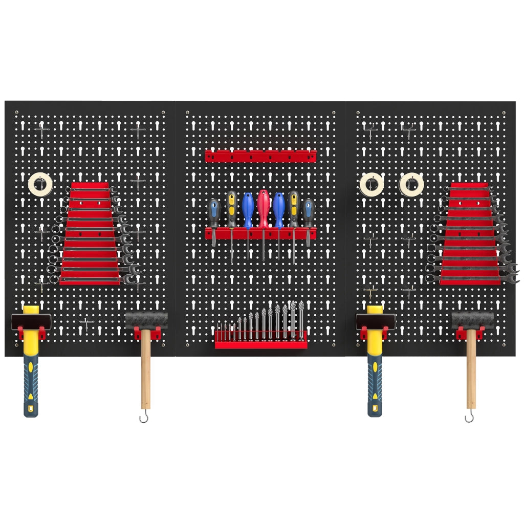 Pannello Forato da Parete Porta Attrezzi 60 x 40 cm con 28 Pezzi Contenitori e Ganci, Organizer per Officina e Garage, Nero e Rosso