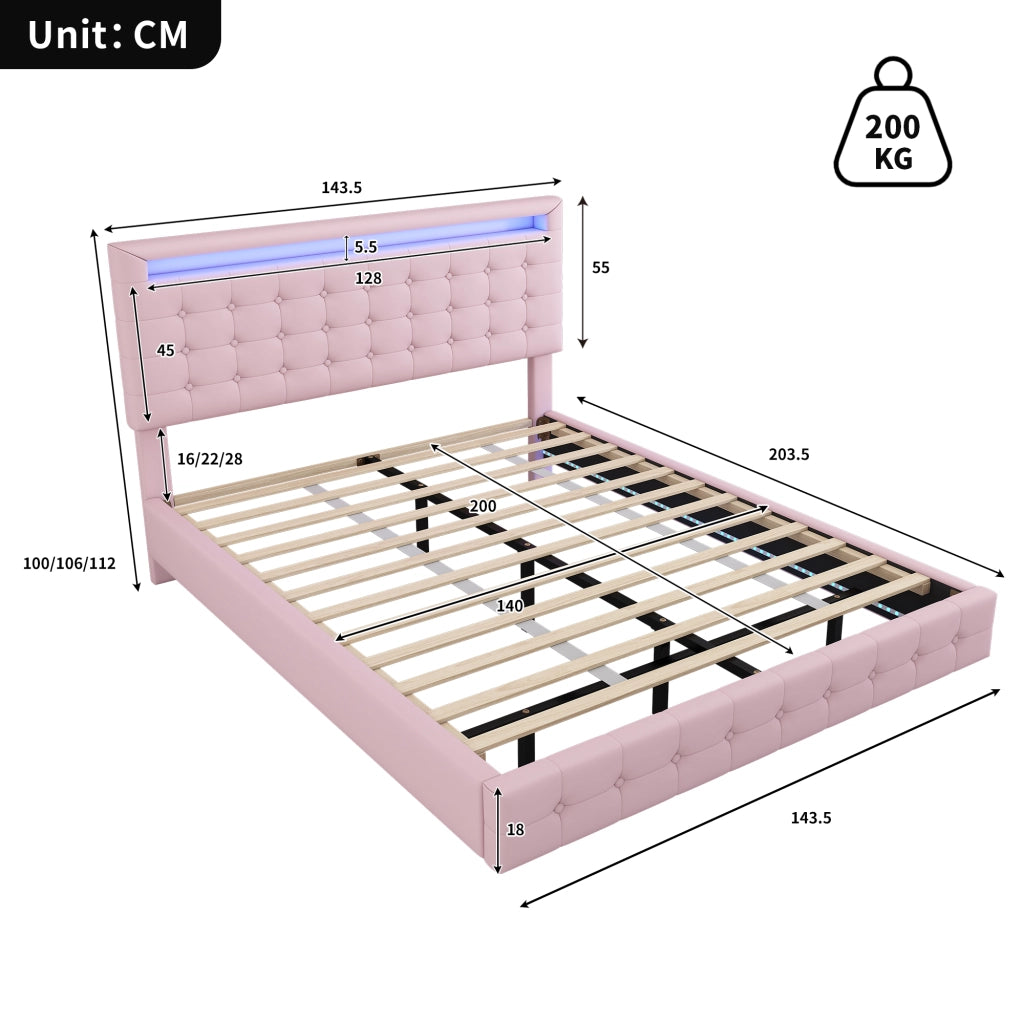 Letto imbottito 140x200 cm in similpelle rosa con LED e testiera regolabile