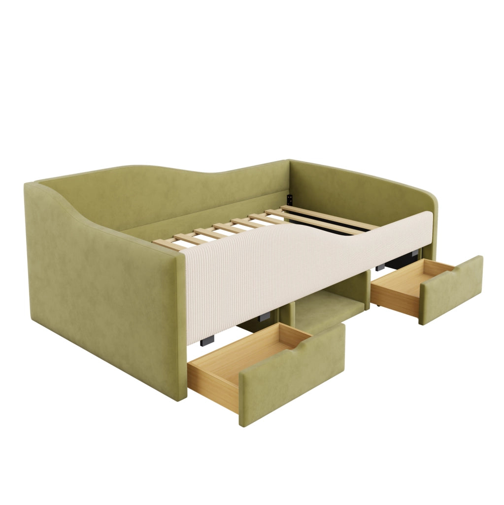 Divano letto imbottito 90x190 cm con 2 cassetti; velluto verde e avorio