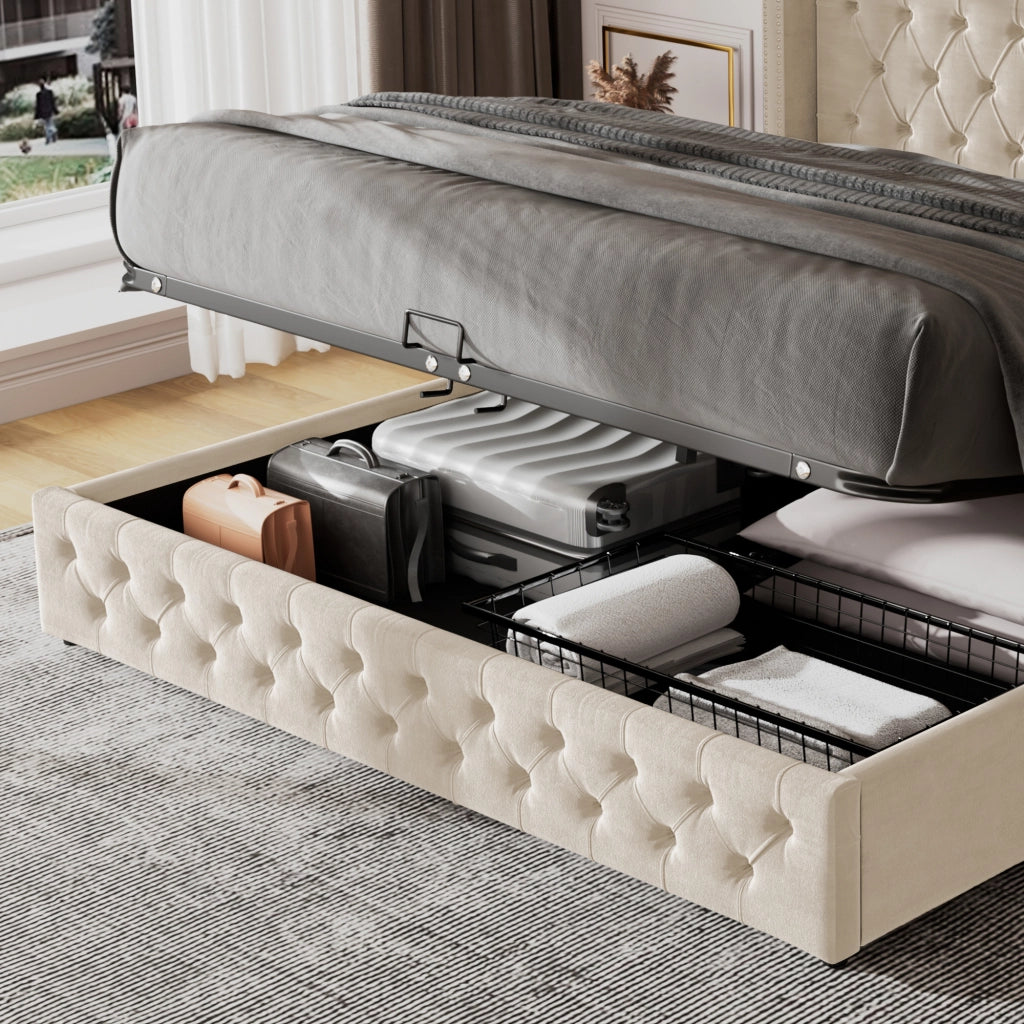 Letto matrimoniale imbottito 180 ¡Á 200 cm contenitore in velluto beige con testiera alta e rete a doghe