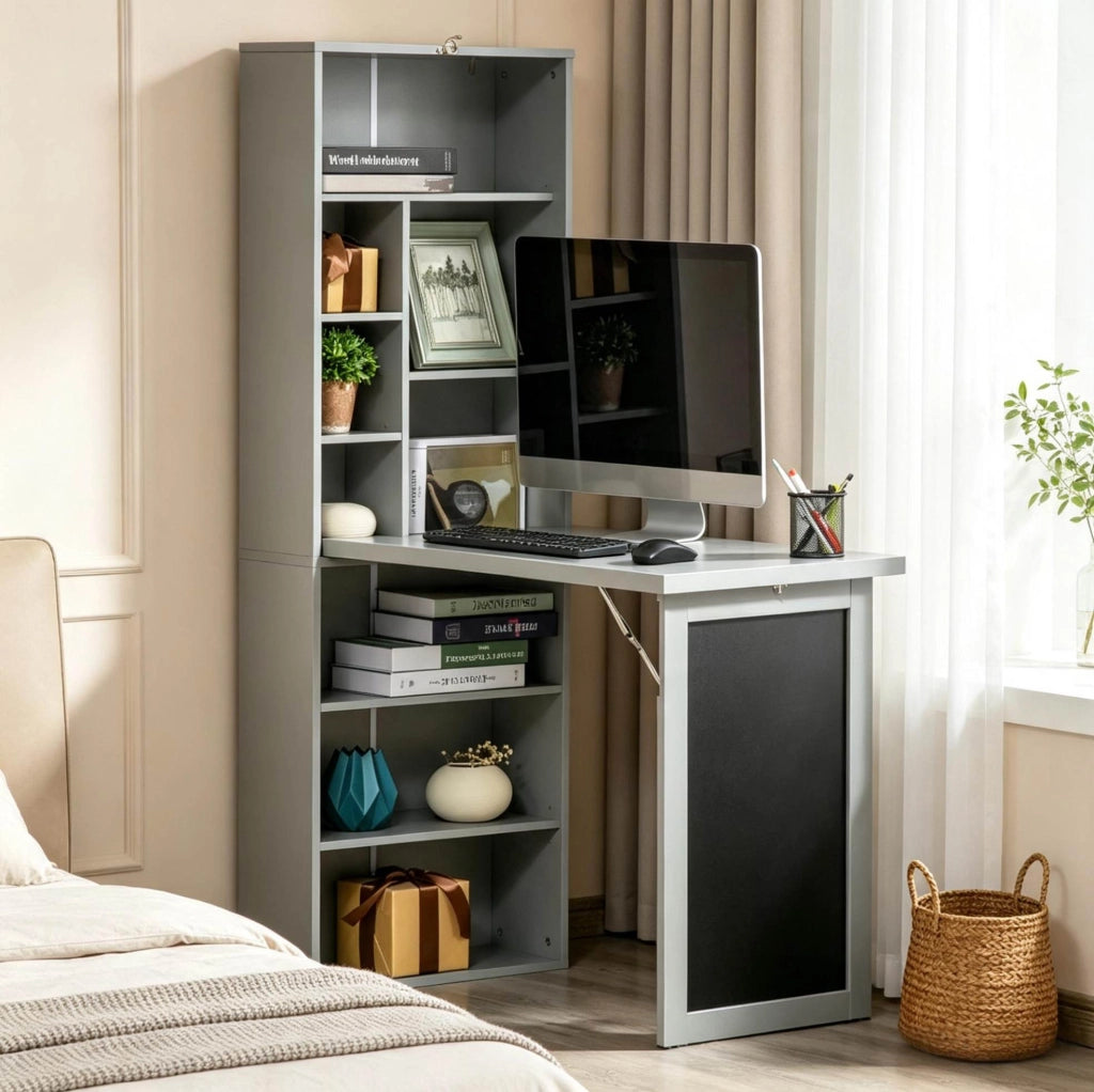 Scrivania pieghevole ULEVR 98x51x153 cm con 9 vani, ripiano regolabile e lavagna, nero e grigio scuro