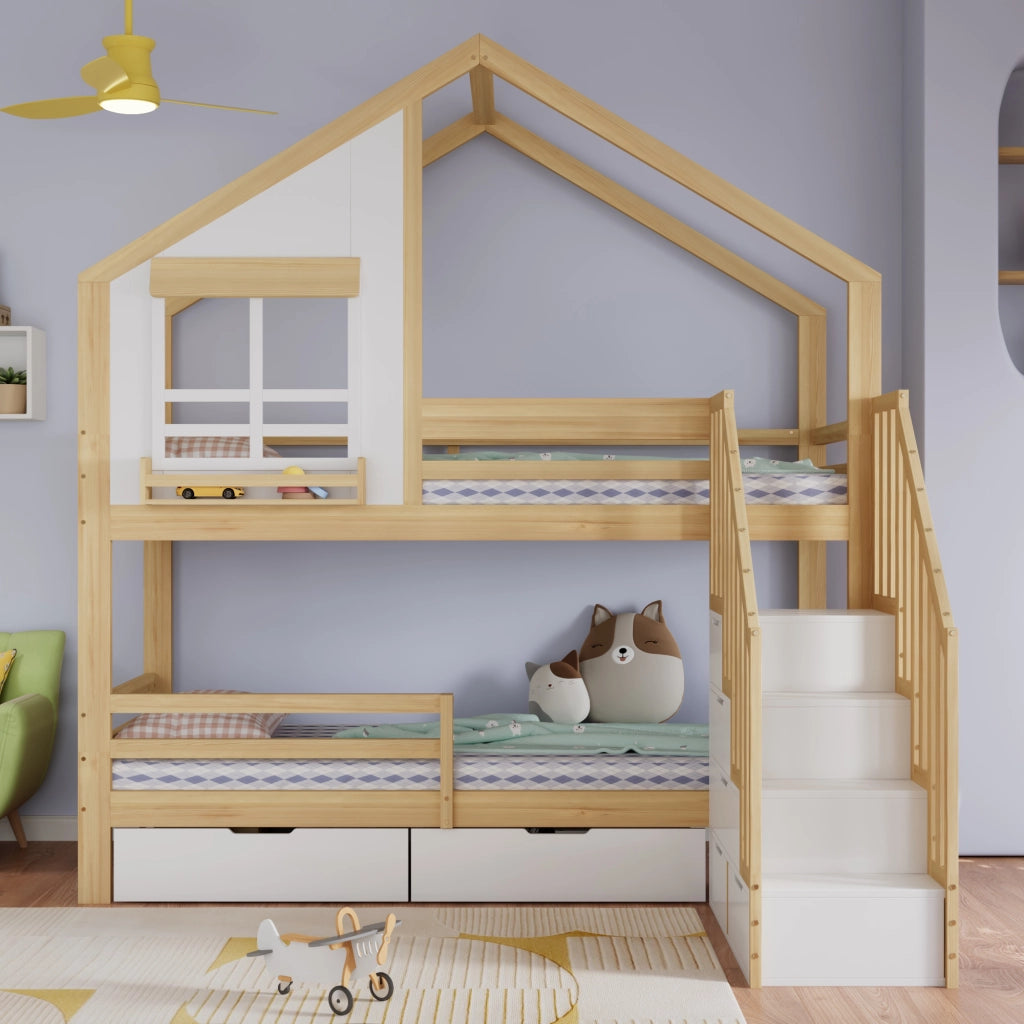 Letto a castello per bambini 90x200 cm in pino e MDF; a casetta; bianco e naturale; con scala contenitore e cassetti