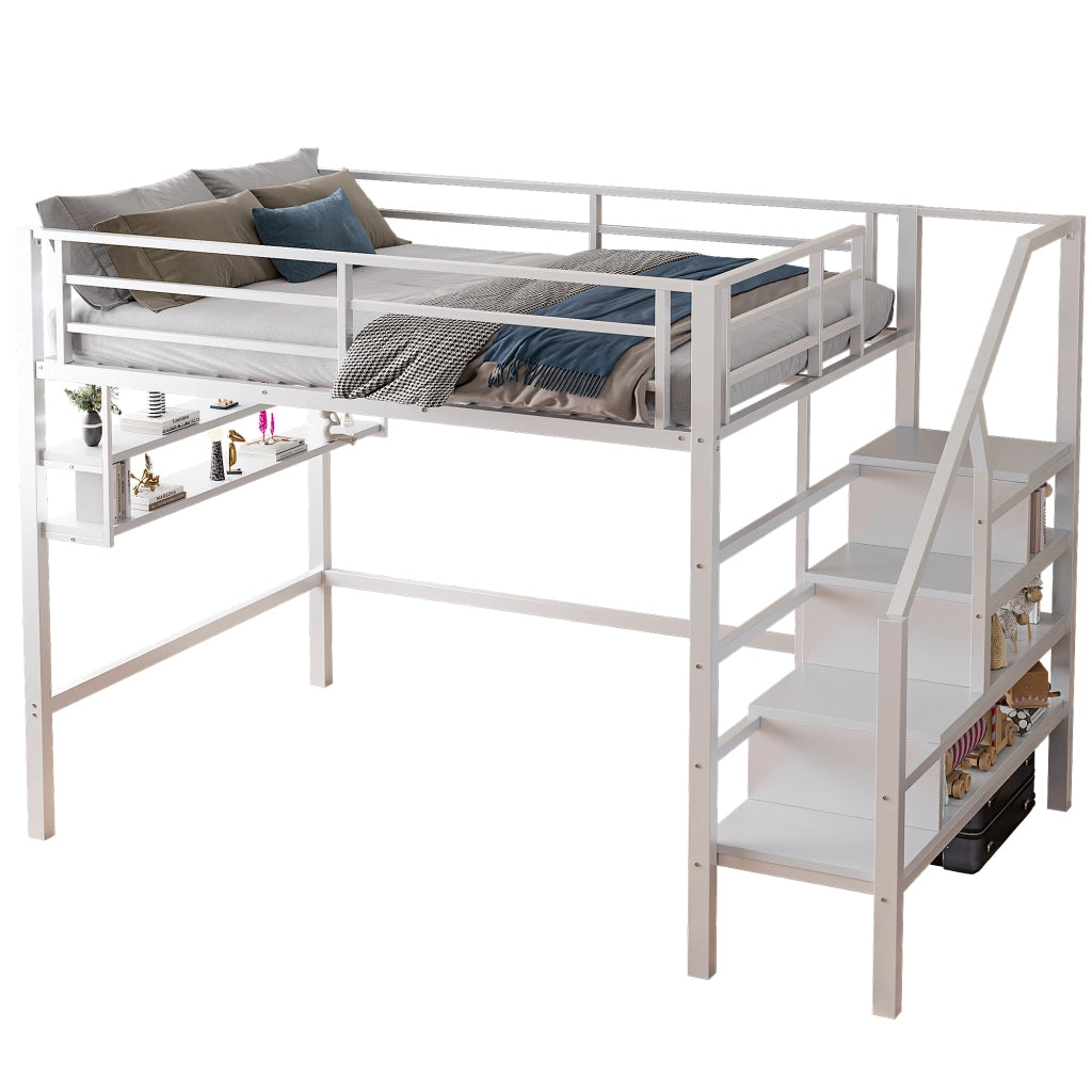 Letto a soppalco per bambini 140 × 200 cm 1 posto con mensole; scala contenitore e spazio gioco; senza materasso; bianco