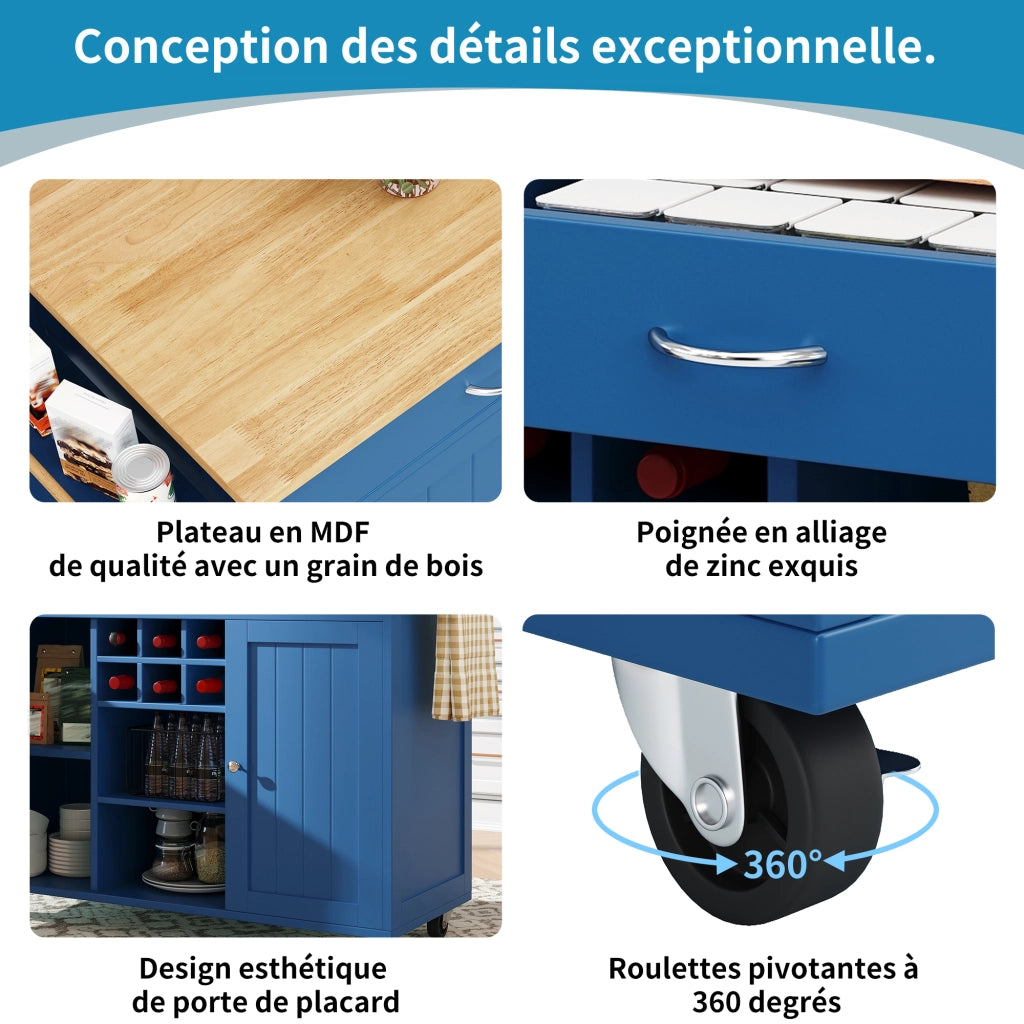 Mobile base da cucina con ruote bloccabili portabottiglie e ripiani laterali MDF blu 102 × 45 × 92 cm