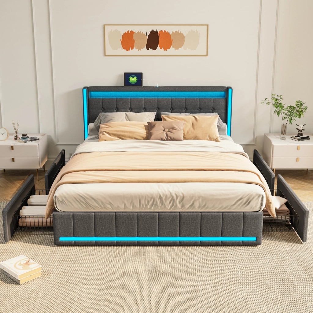Letto matrimoniale 160x200 cm con LED; 4 cassetti e USB; grigio scuro