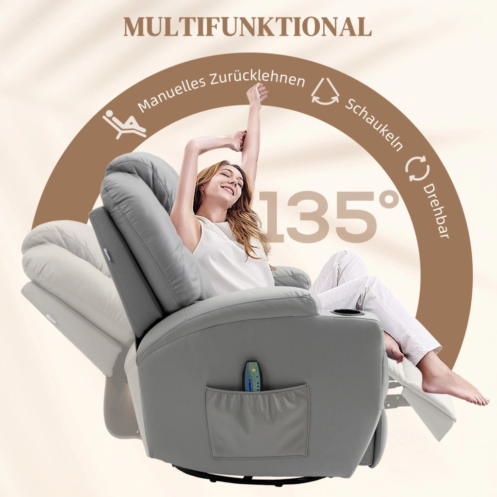 Poltrona Relax con Massaggio a 8 Punti Vibranti, 5 Modalità, Funzione Letto, Rivestimento in Pelle Sintetica Grigio Chiaro, Portata 150 kg