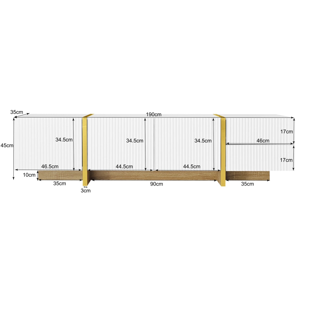 Combinazione mobile TV e credenza con frontali a doghe; 190 cm; MDF e PB; bianca