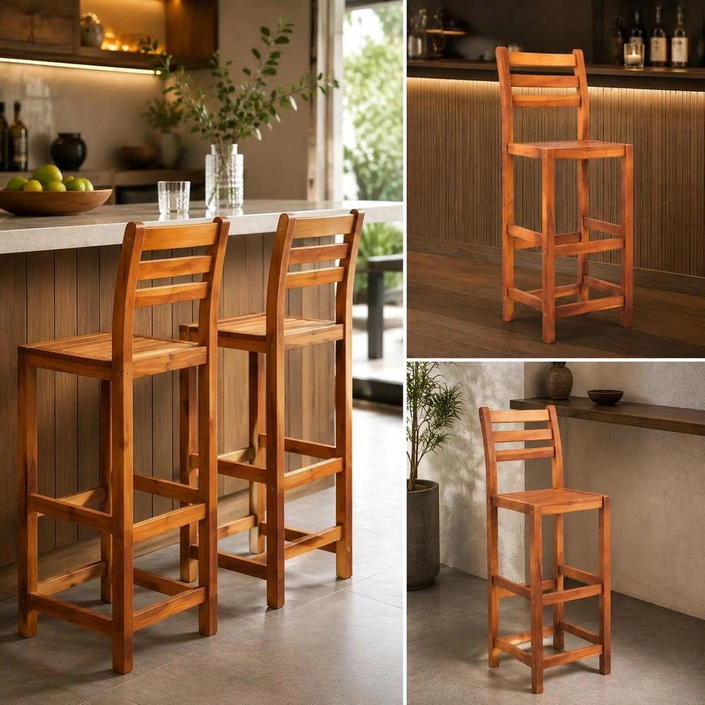 Bar Stools, Set Of 4, Solid Acacia Wood