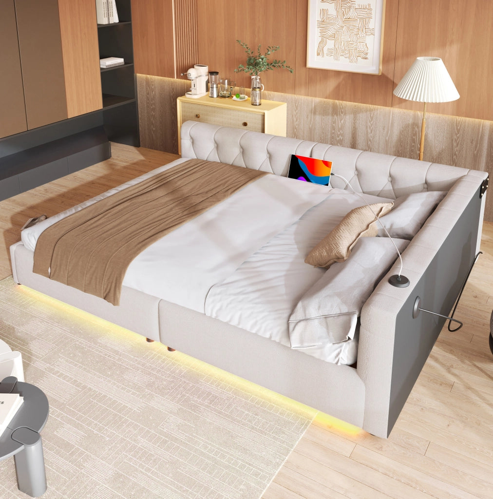 Letto matrimoniale 140x200 cm con LED; USB e Type-C; in lino beige