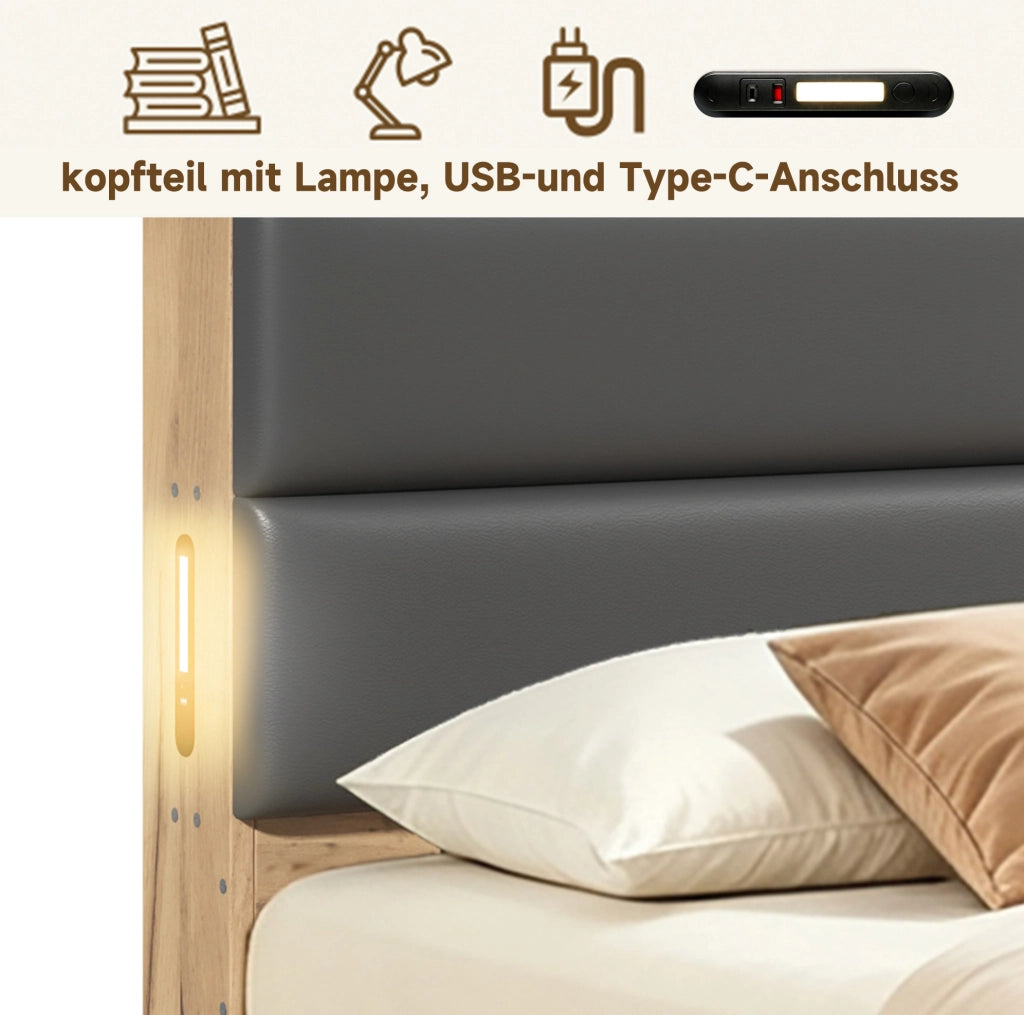 LETTO Contenitore 140x200 cm MDF Naturale con USB, USB-C e Testiera in PU
