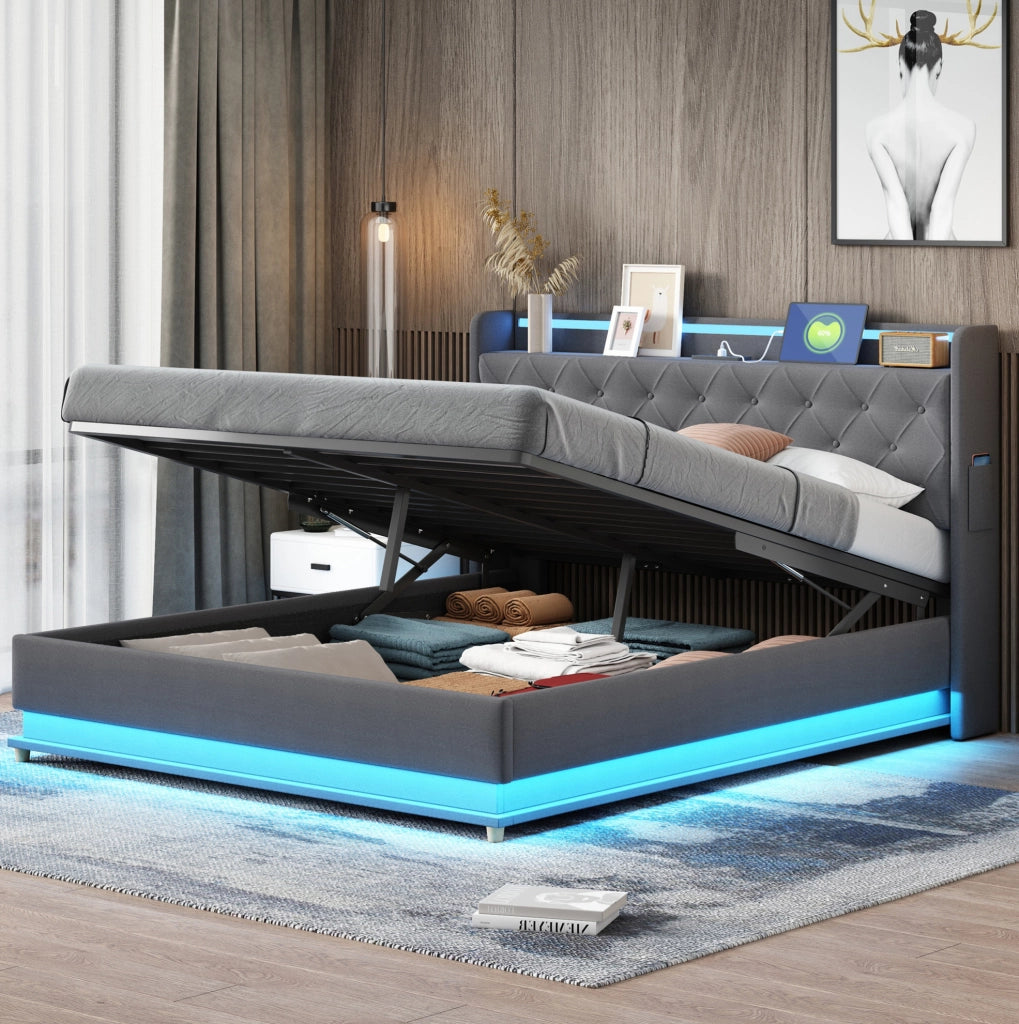 Letto matrimoniale 160x200 cm grigio con LED, USB e vano contenitore idraulico , senza materasso