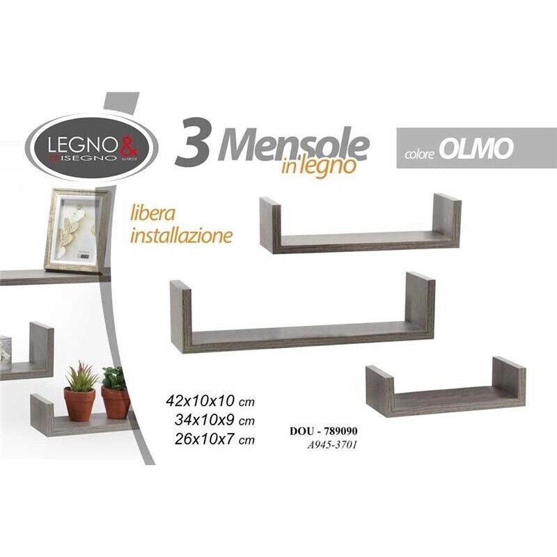 MAURY'S SET 3 MENSOLE LINEARI IN DIFFERENTI DIMENSIONI CON FINITURA OLMO