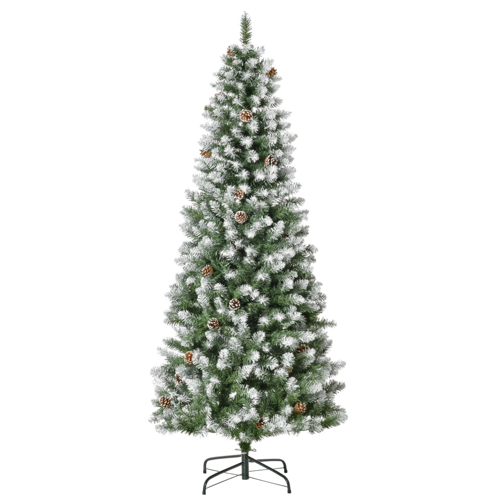 Albero di Natale Innevato 180 cm con 630 Rami e 37 Pigne, in Plastica e Metallo, Facile da Montare per Casa, Verde e Bianco