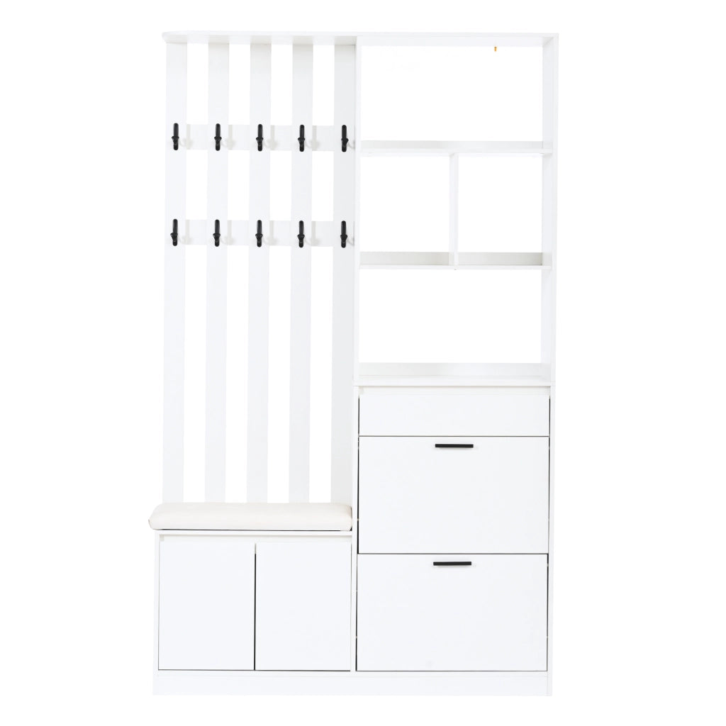 Guardaroba da ingresso bianco in mdf 120x30x200 cm; mobile ingresso con panca imbottita; scarpiera a ribalta e 10 ganci