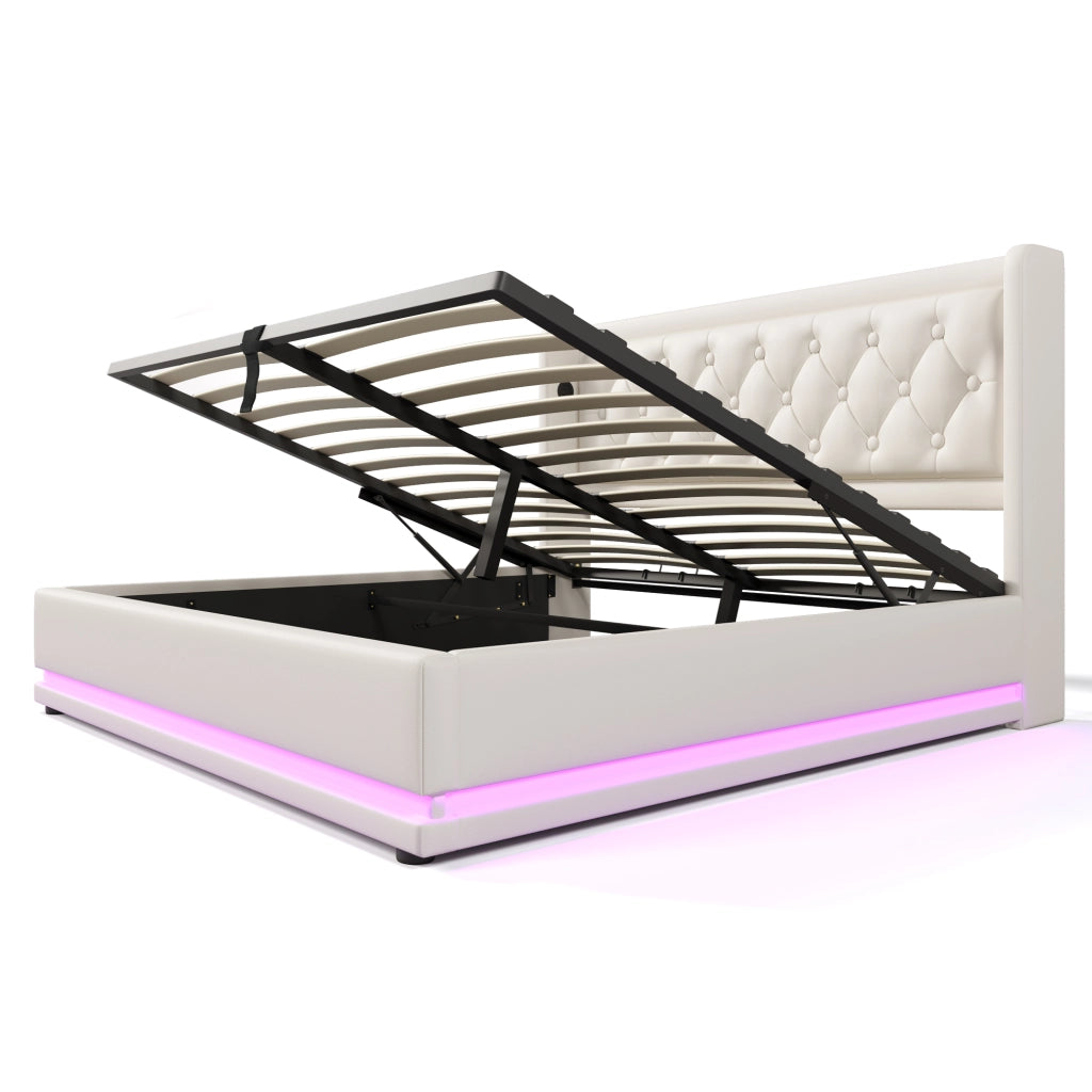 Letto imbottito bianco in similpelle 140x200 cm con contenitore e LED