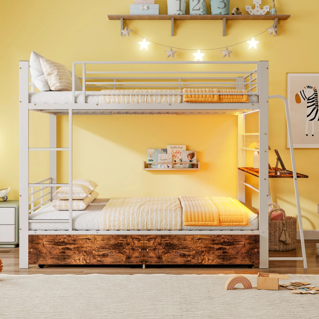 Letto a soppalco 140 × 200 cm con scrivania LED RGB prese USB Type-C 2 cassetti in metallo e MDF bianco opaco