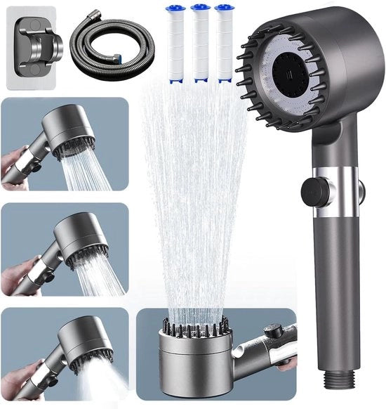Douchekop con goccia lunga, douchekop con goccia lunga 1,5M, douchekop a getto doppio con filtro, 4 tipi di getto, douchekop ecosostenibile, douchekop per acqua dura, douchekop a filtro (grigio)
