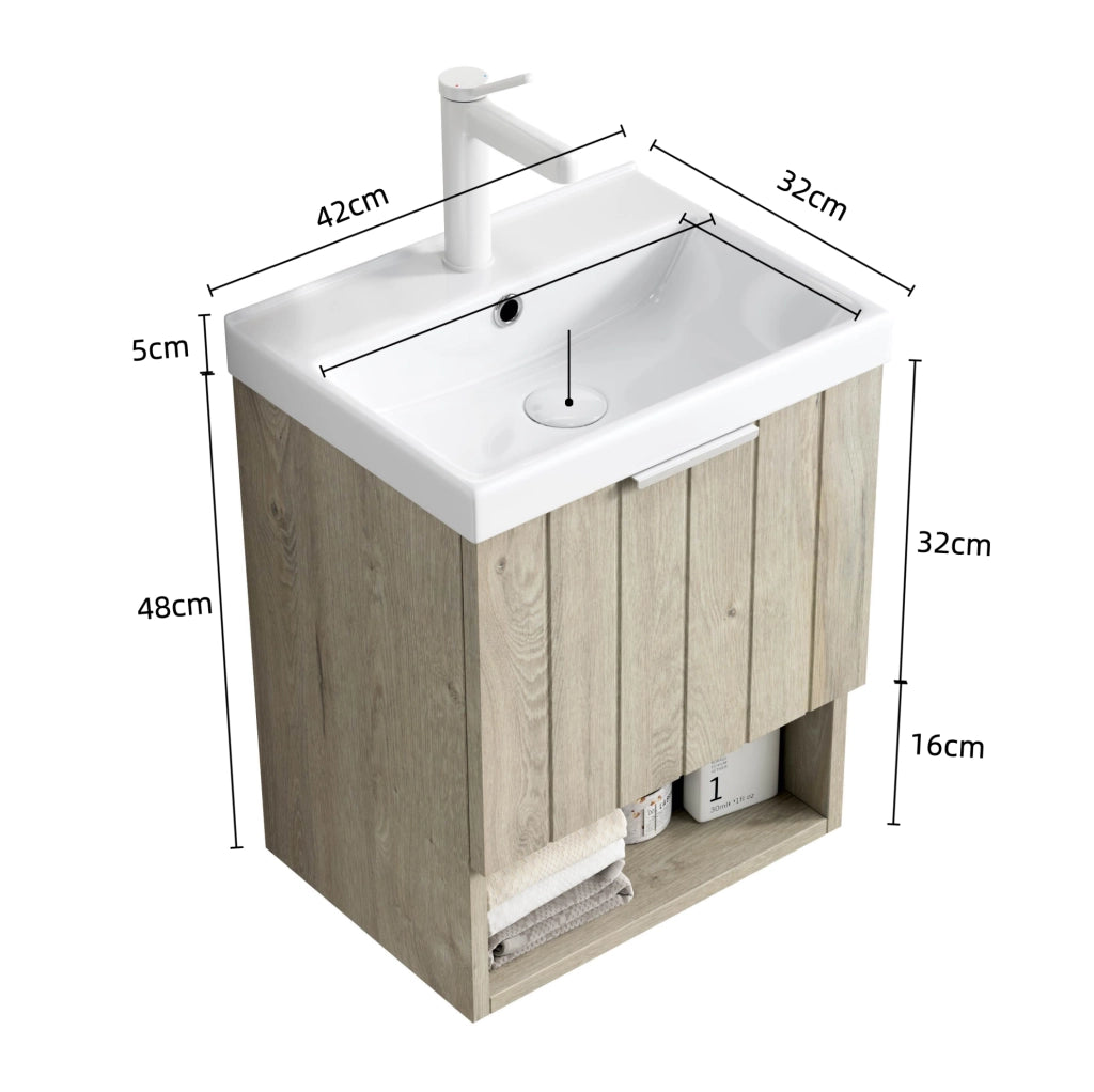 Mobile bagno 42 cm con lavabo in ceramica bianca, armadietto a doppia anta e ripiano aperto finitura rovere crema